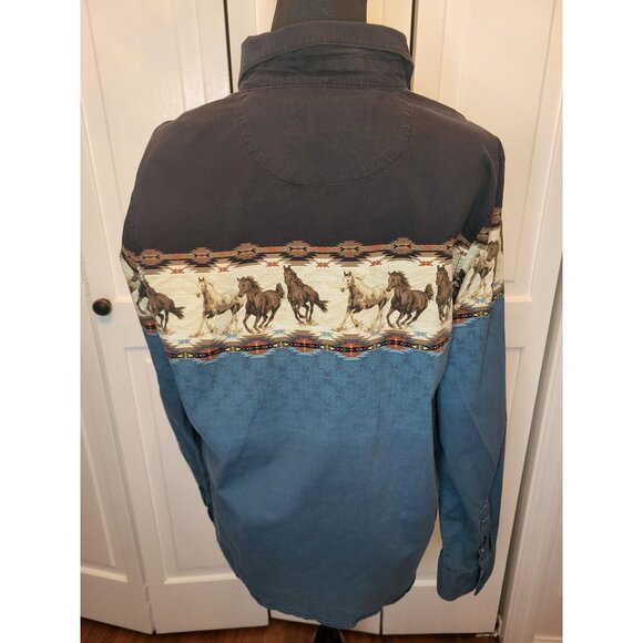 Women's Bit and Bridle Blue/Black Horse Print Button Up XL Western Cowgirl Rodeo - Picture 3 of 9